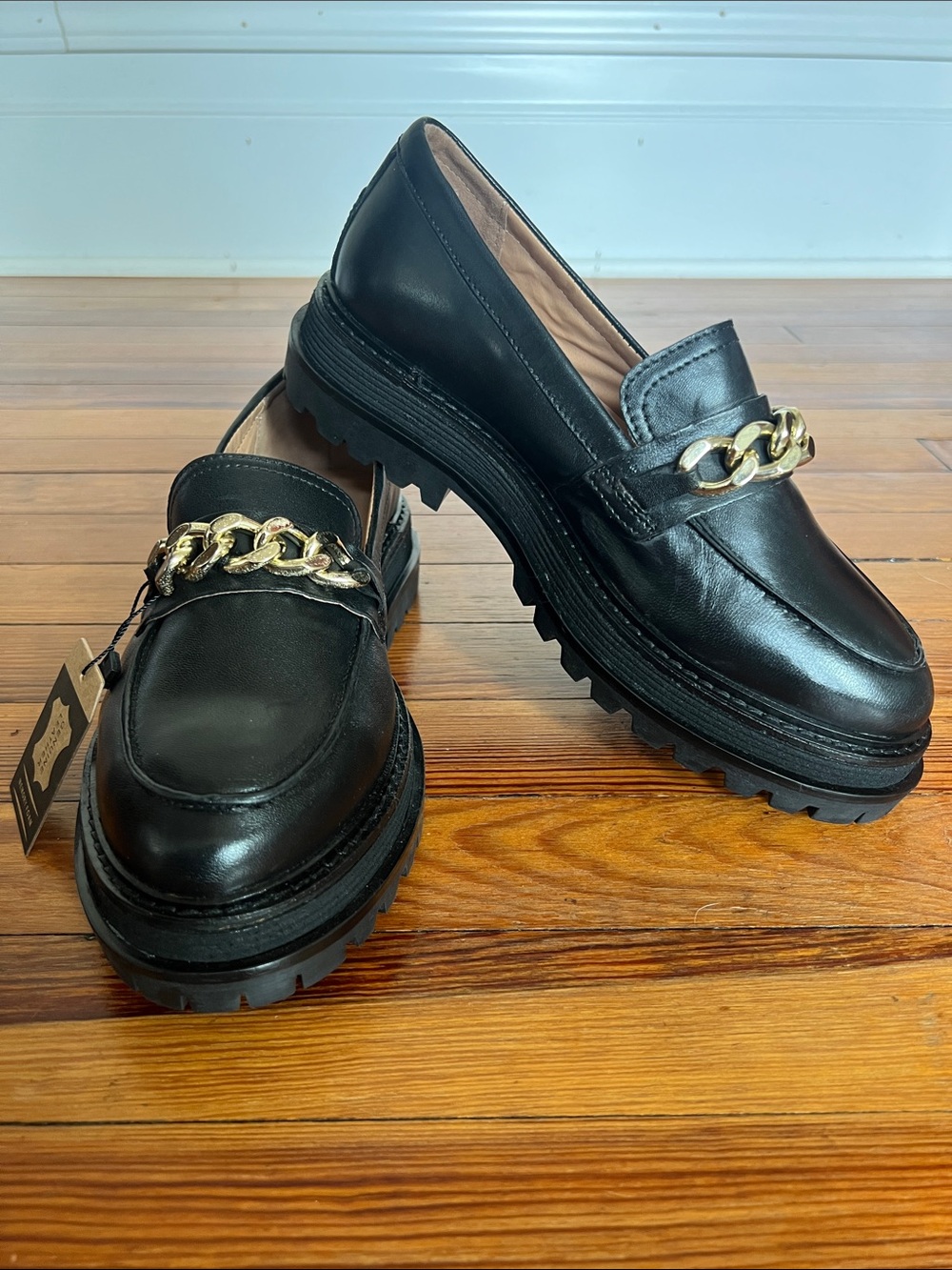 Crevo Black Genuine Leather Lug Sole Chain Loafers NWT Size 8.5